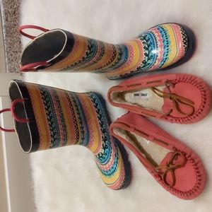 Two pair sz 2 kids shoes, Minnetonka moccasins and Western Chief rainboots